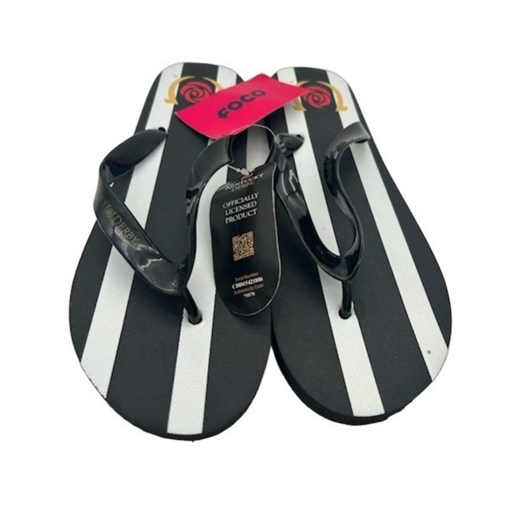 NEW FOCO Kentucky Derby Flip Flops Women's 39/40 US 8.5-9.5 Black White Rose